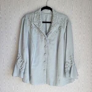 Womens 20 Blazer Embroidered Jacquard Ruffle Cuff Light Blue Delicate Victorian